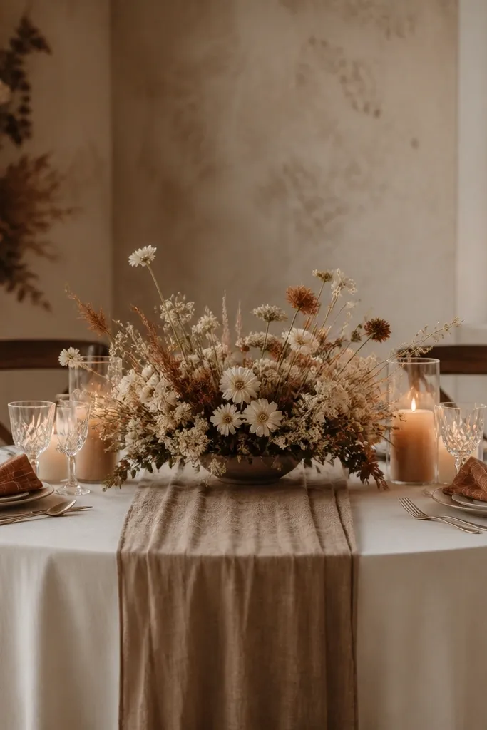 A sweetheart table with a simple neutral tablecloth and runner, while the napkins are folded in rusty plaid. The centerpiece is low with neutral wildflower stems in browns and creams. Warm candles sit behind the flowers.
