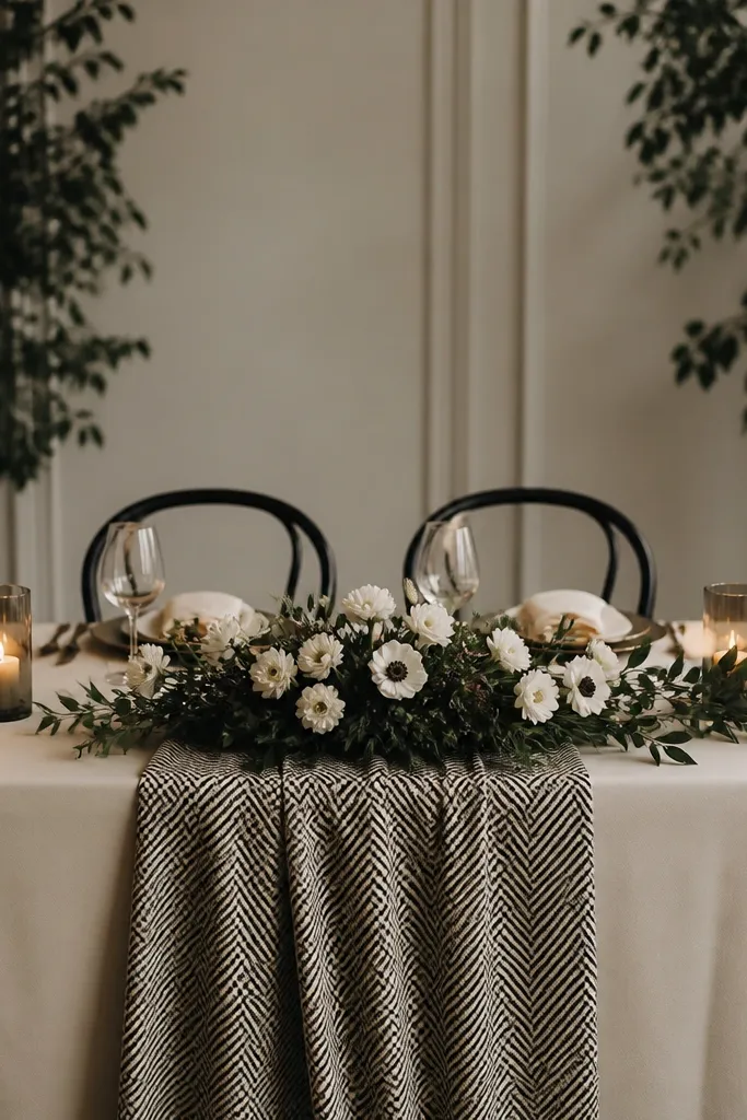 A sweetheart table with a black-and-cream twill runner. White anemones spread in a low arrangement, with dark greenery. Smoky glass candle holders glow on each side, and the napkins are cream.