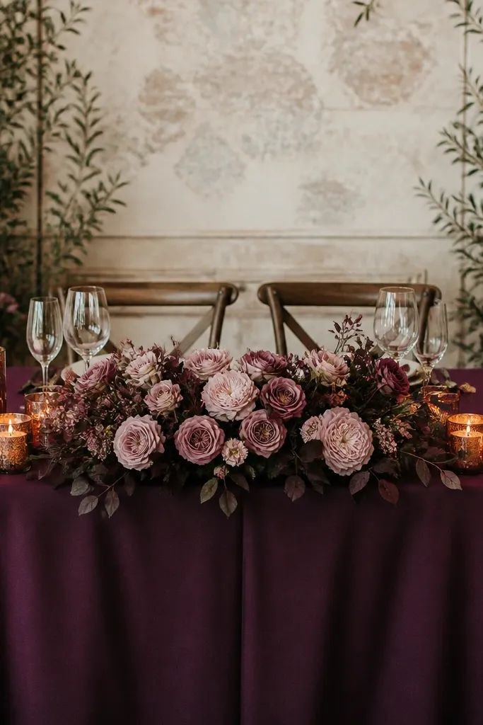 A sweetheart table on a deep plum tablecloth. Copper candle holders line the table edges. Low garden roses in dusty pink and mauve sit in a shallow arrangement with dark foliage.