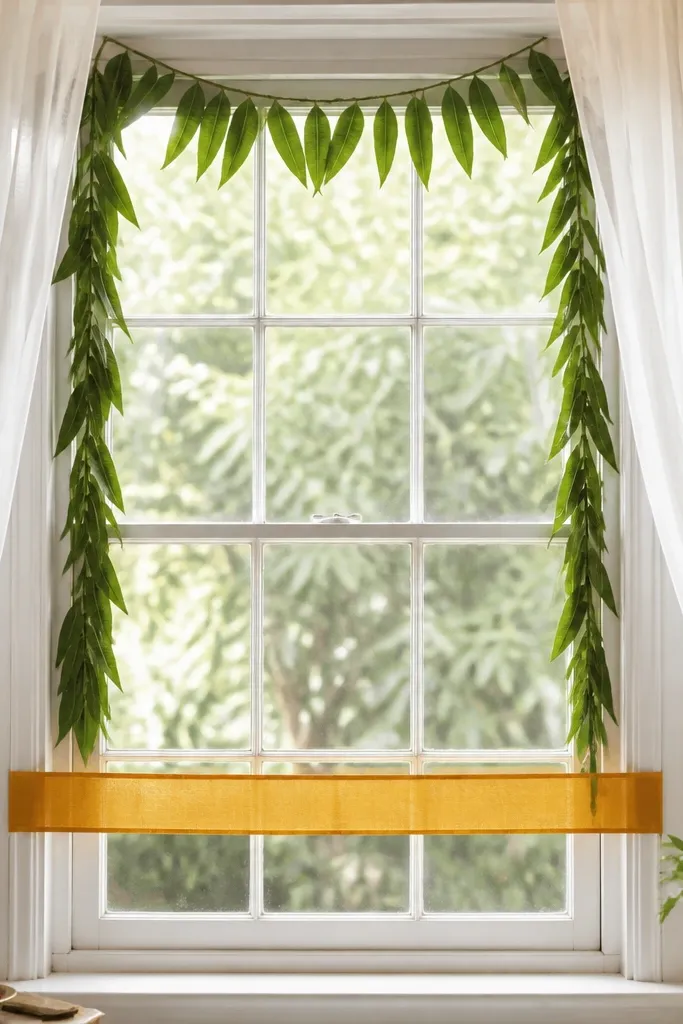 A window used as the background, with a simple mango leaf garland around the inner frame. Sheer white curtains hang beside it, and a line of turmeric-gold ribbon runs across the lower part of the window for a warm band.