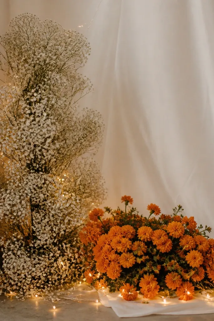 A corner of a room with a white backdrop sheet. On one side, a tall cluster of baby's breath flowers rises, and on the other side, marigold-orange blooms form a shorter mound. Warm fairy lights are woven around the clusters.
