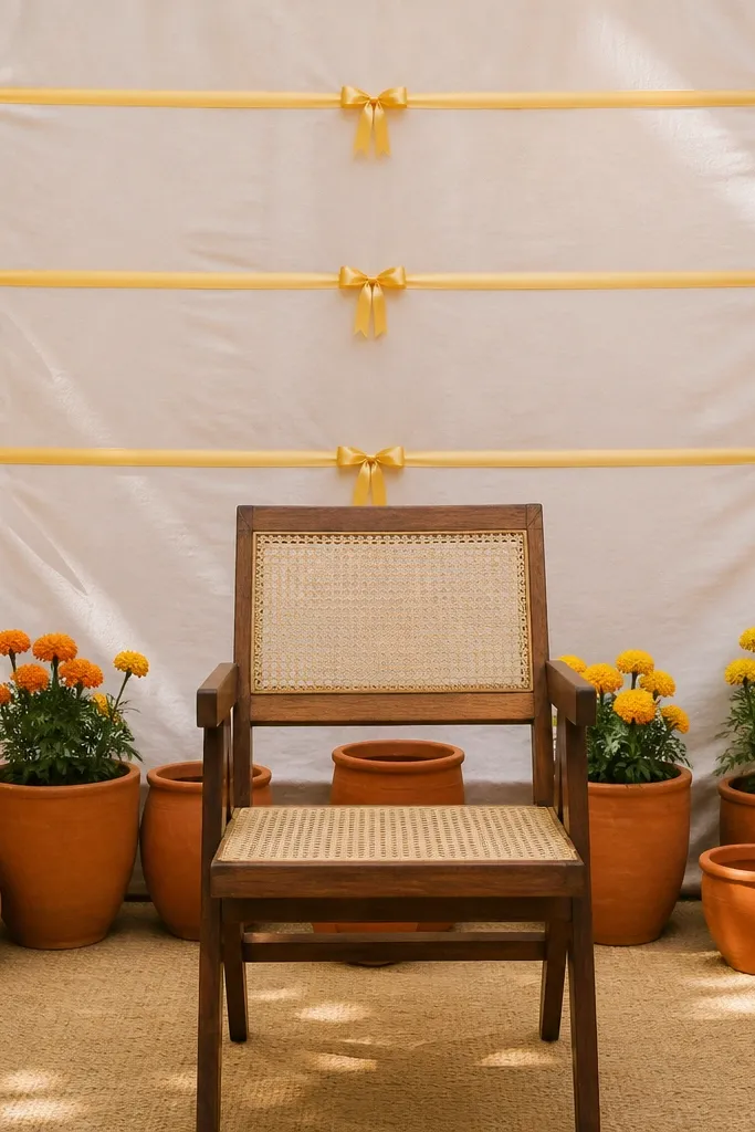 A line of terracotta pots (some empty, some with marigolds) arranged behind a chair. Thin yellow satin ribbons stretch horizontally across a simple backdrop sheet, with a few ribbon bows at equal intervals.