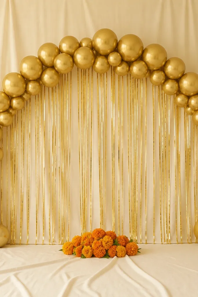 A smooth cream sheet backdrop with a semi-circle of gold balloons behind the center. A small cluster of marigolds sits at the bottom center, and a thin gold metallic ribbon drapes down like a curtain.