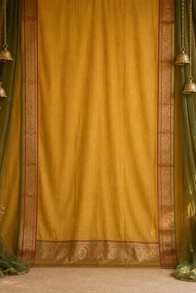 A backdrop made from a mustard-yellow fabric panel with a visible sari border pattern. Olive-green dupatta strips are layered at the sides, and small brass-toned jhumka ornaments hang near the top.