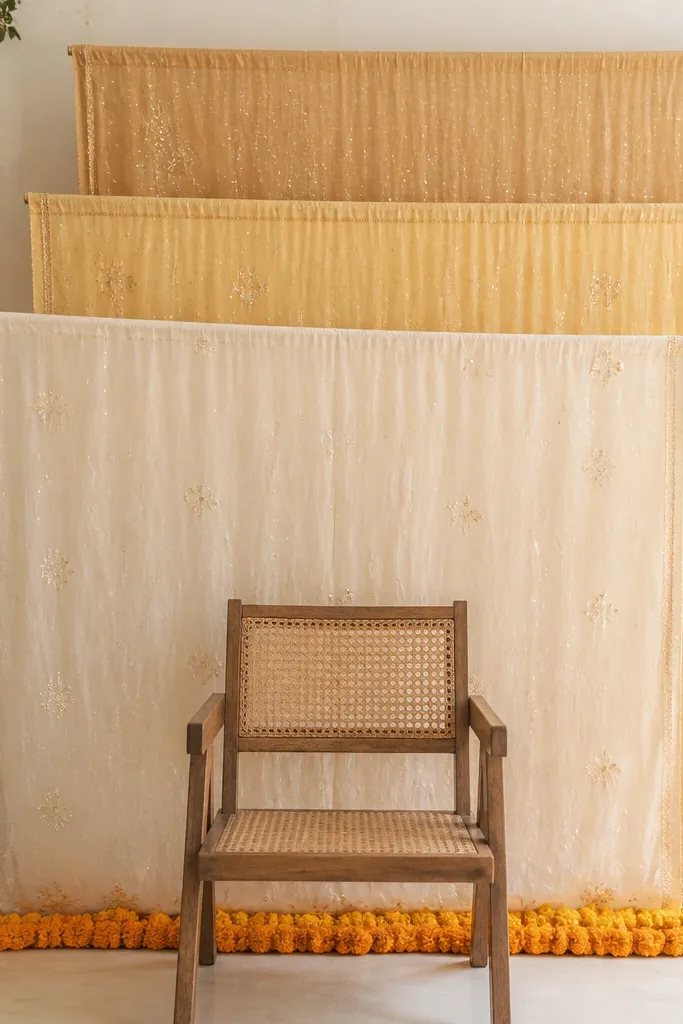 A chair with a layered backdrop behind it made of stacked dupatta panels in cream, butter yellow, and pale gold. Each layer is slightly offset so you see "steps" behind the chair back, with a small marigold garland running along the bottom.