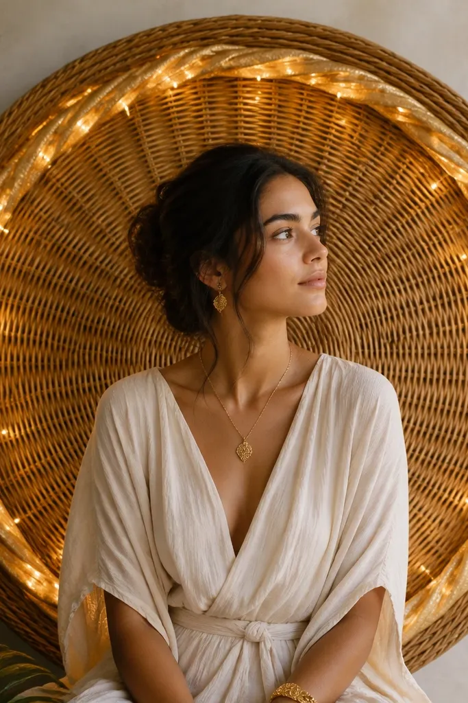 A large round rattan mat hangs or stands behind the subject. Gold fabric wraps around part of the mat in a ring pattern, and warm string lights are woven into the rattan for a halo glow.