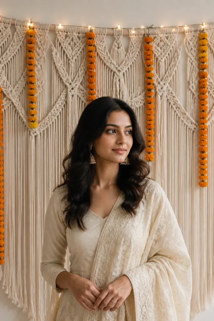 A large off-white macramé wall hanging behind the person. Marigold strands are draped over a few knots in vertical lines, and a thin warm fairy light is wrapped along the top edge.