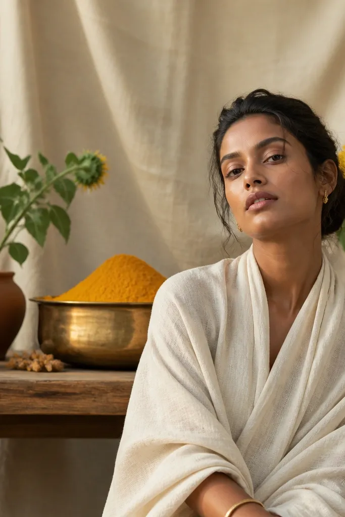 A table set behind the person with terracotta planters and a few sunflower heads. A large brass bowl with turmeric powder sits at the center, and a cream cloth backdrop hangs behind the table.