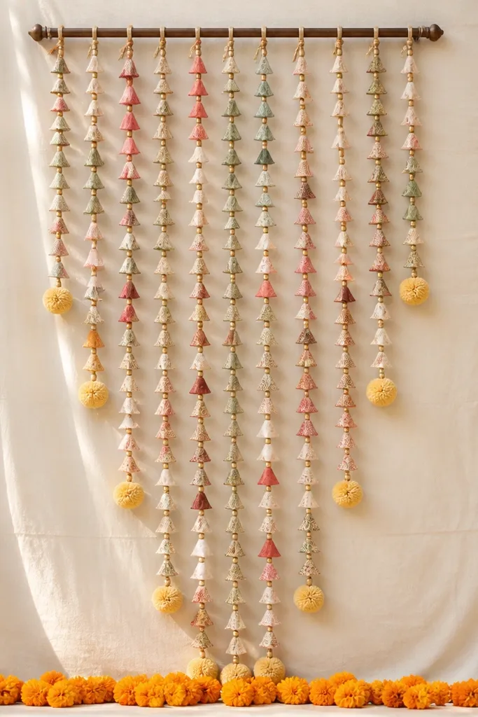 A curtain made from small fabric garlands hangs from a rod, with butter yellow pom-pom drops at intervals. The background is a light beige sheet, and a small marigold line runs along the bottom edge.