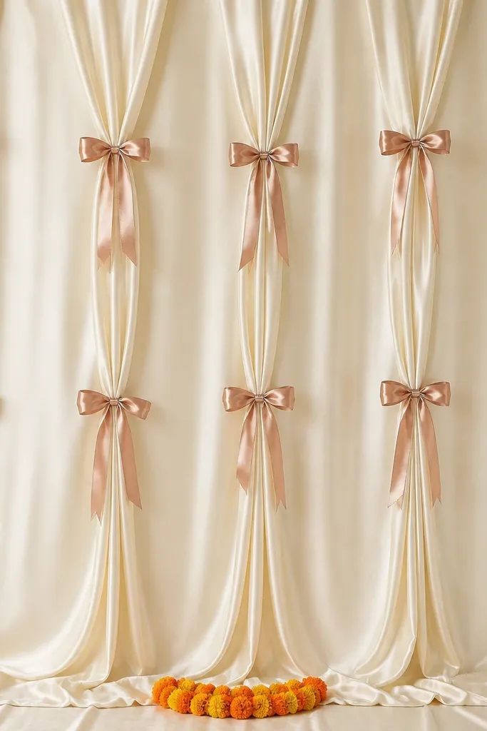 A cream satin dupatta backdrop with multiple rose-gold satin bows tied at even heights. The bows are spaced in a gentle vertical pattern, and a small marigold garland sits at the bottom center.