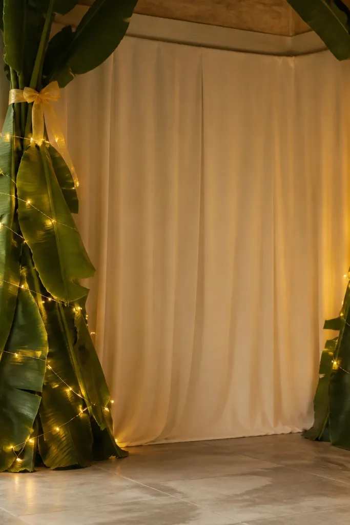 Two corners of a room decorated with banana leaf bundles. Warm string lights wrap around the leaf bundles, and a cream cloth panel fills the center background. A small haldi-gold ribbon ties the leaves together at the top.