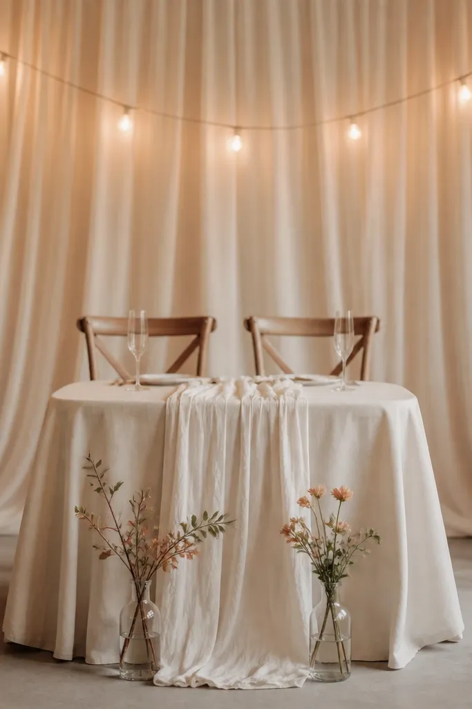 A small sweetheart table covered in ivory linen with a long linen runner down the center. Behind it is a soft fabric backdrop in warm cream draped in vertical folds, lit by two warm string lights. Two simple bud vases sit in front with small seasonal stems.