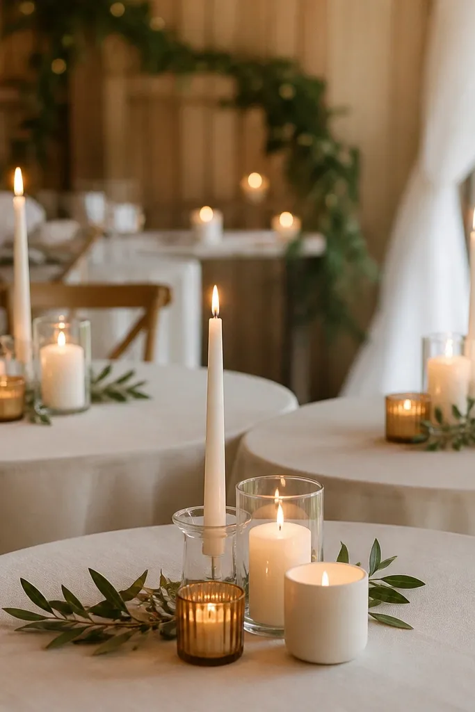 Three clusters of candles on the reception tables: a mix of clear jars, amber tumblers, and matte white ceramic holders. Each cluster has one tall taper candle and two short pillar candles, with small green leaves tucked around the bases.