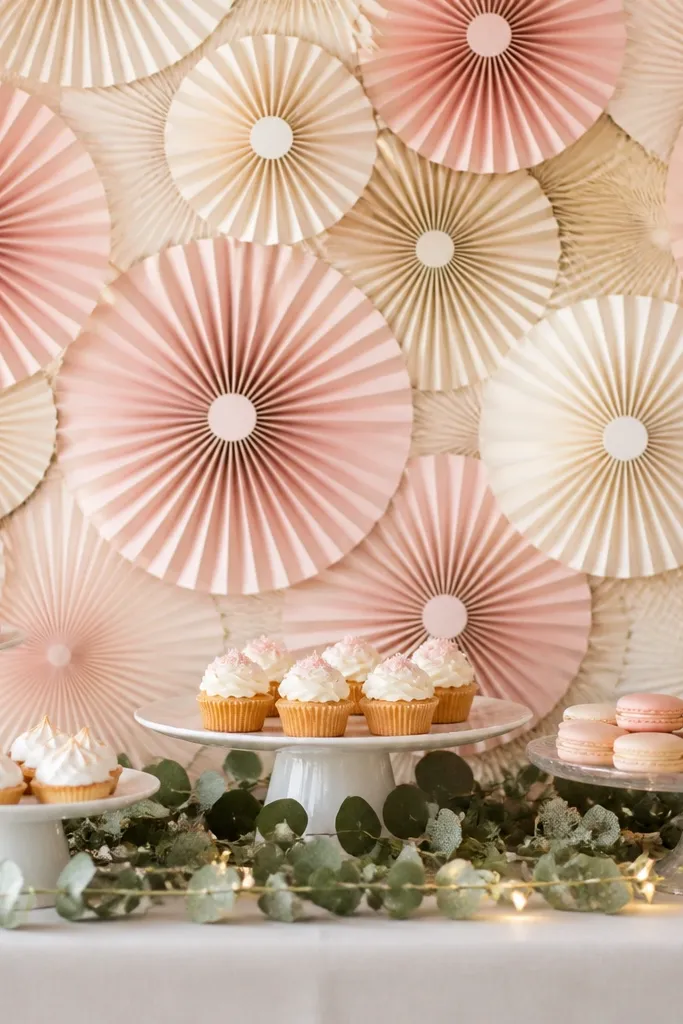 Behind a dessert table is a backdrop made of blush and cream paper fans layered in a fan wall. A soft garland of small faux eucalyptus drapes along the bottom edge, with warm string lights tucked between.