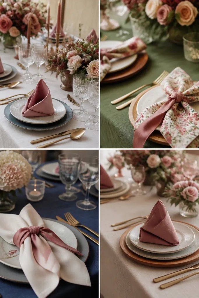 Dinner tables set with napkins in two patterns and two solids. Every place setting includes a repeated color detail - a dusty rose napkin fold or a rose-colored ribbon knot.