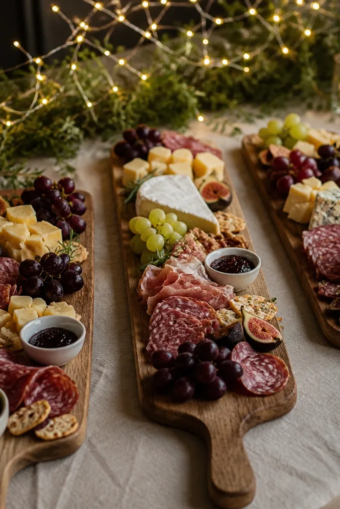 Three long wooden grazing boards on a table lined with linen. Each board has salami slices, cheeses, figs, grapes, olives, and small bowls of jam. Warm fairy lights run above the boards.