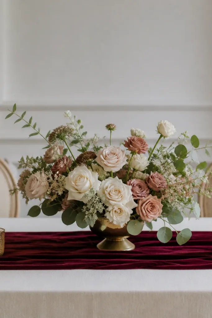 A deep wine velvet runner spread across the head table. On top sits a low round bowl arrangement in cream, dusty rose, and sage. Two small gold candle holders sit symmetrically at the ends.