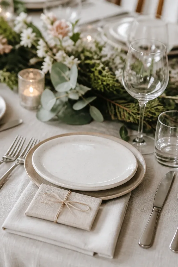 Place cards are small rectangles wrapped in linen fabric, tied with thin twine. They sit in front of each plate on small folded linen napkins.