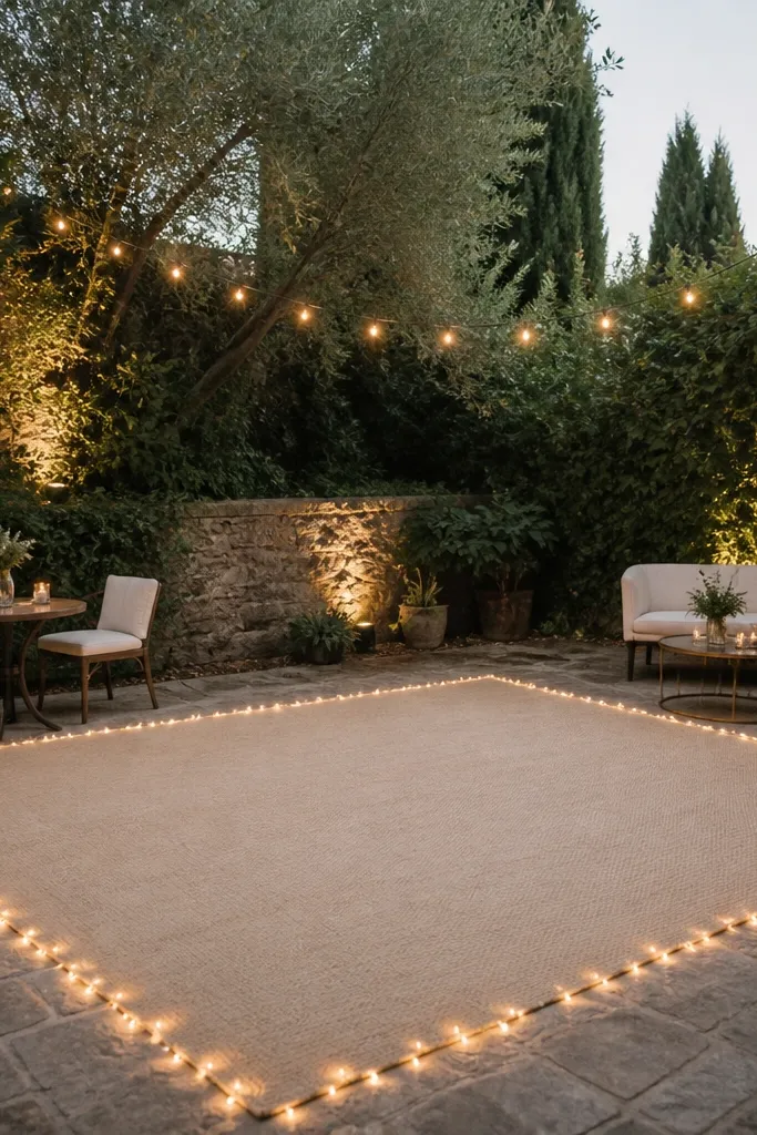 A compact dance floor area with soft warm fairy lights outlining the perimeter. The floor is covered in a neutral mat, and there are two small seating spots nearby.