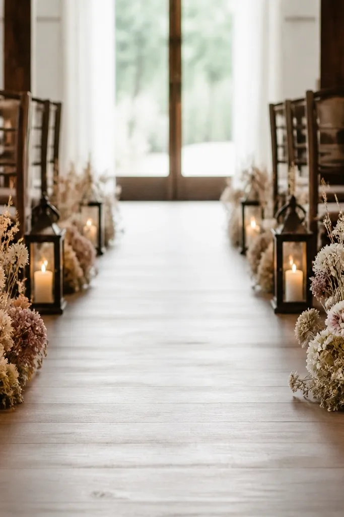 A narrow aisle lined with small lanterns on both sides. Dried flowers in muted tones (cream, tan, soft mauve) are tucked into low arrangements near the lantern bases.