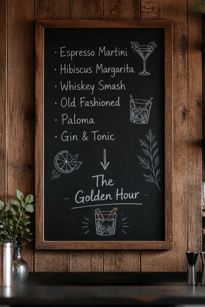 A chalkboard sign mounted on a wooden board behind the bar. Handwritten drink names in white chalk and small doodles sit above a small chalk arrow pointing to a signature cocktail.