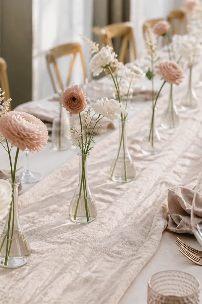 A long table with a linen runner and a repeating row of bud vases. Each vase holds one single stem in cream and blush tones, arranged at consistent spacing.