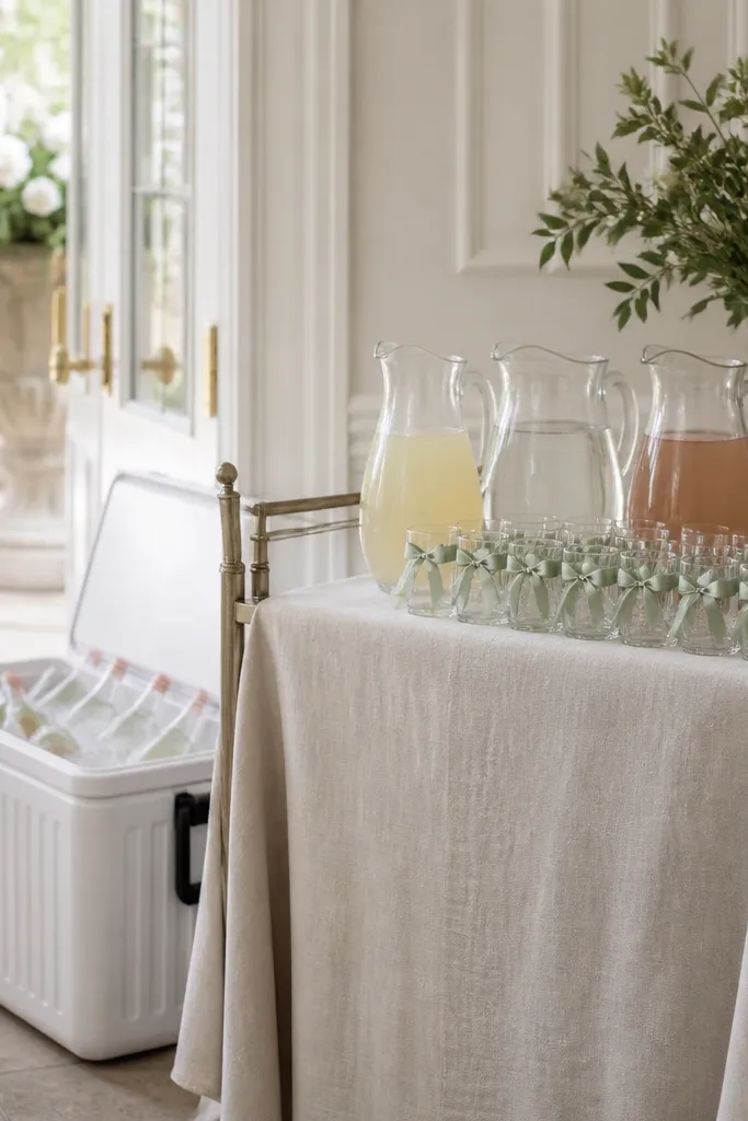 A drink station near the entrance with a cooler and a small serving cart. Matching glass cups with ribbons are set beside labeled pitchers, and a linen cloth covers the cart.