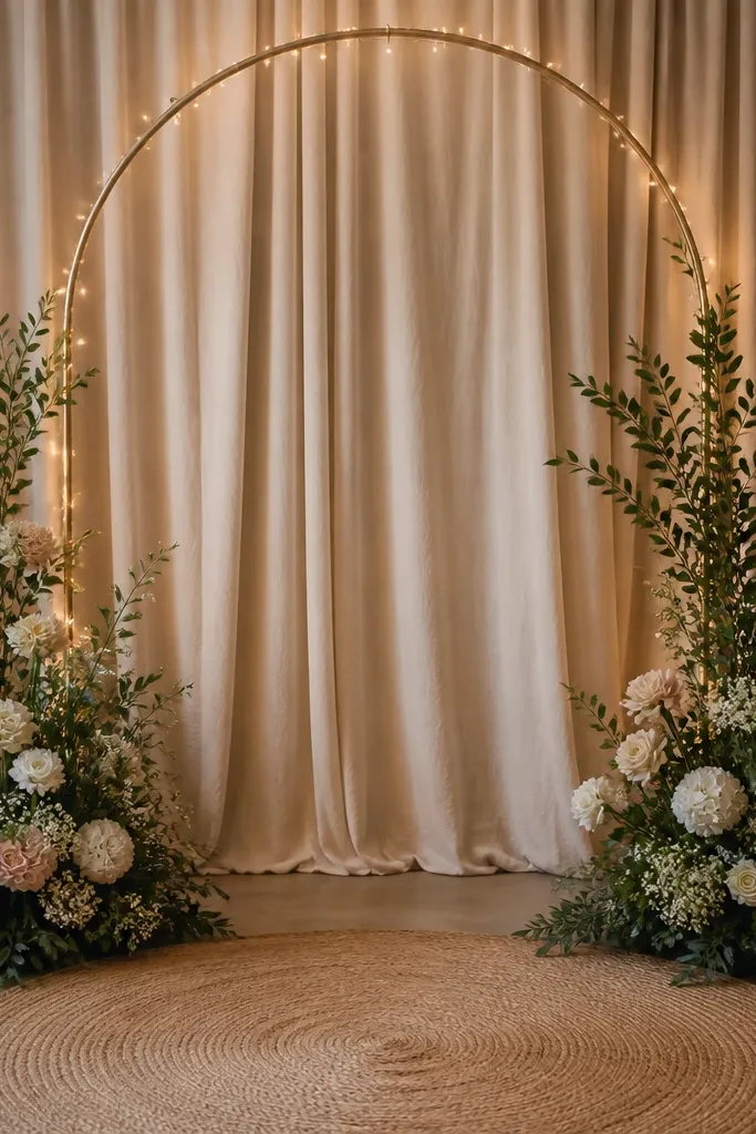 A small photo corner with a simple arch frame. Behind it is a warm neutral curtain in oatmeal, with two side bouquets and warm string lights wrapped around the frame.