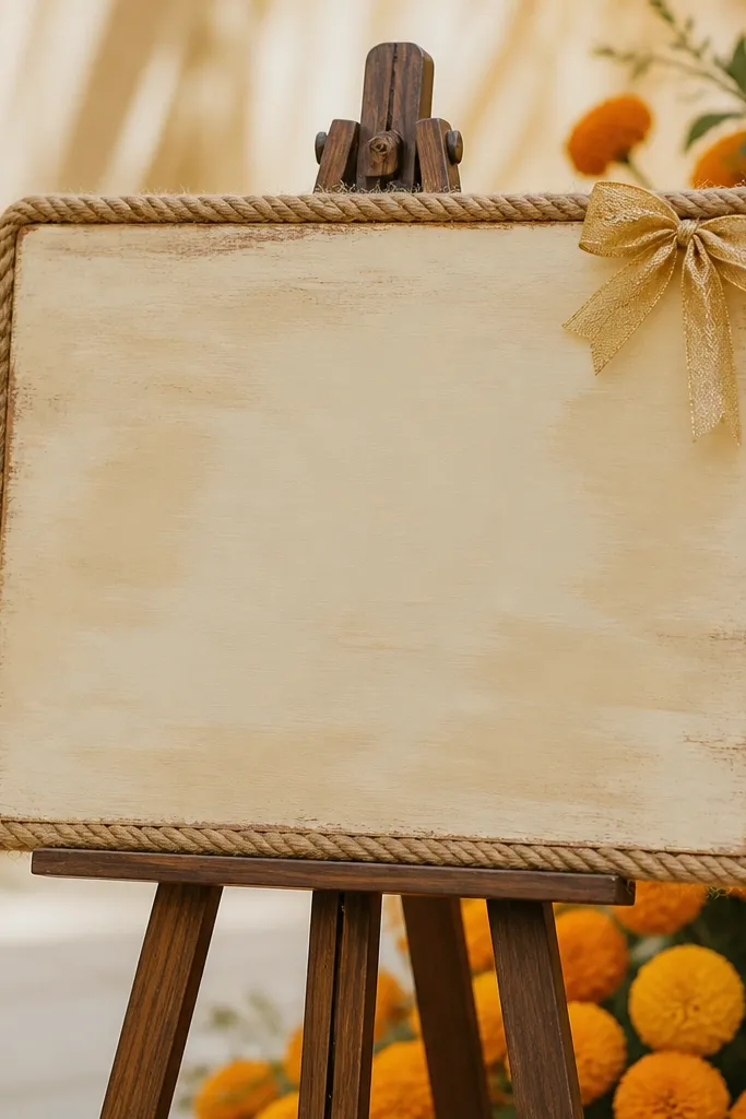 A rectangular wooden board painted in warm cream with hand-lettered names, framed with jute rope and a small gold ribbon bow; it stands on a tripod base near marigold flowers.