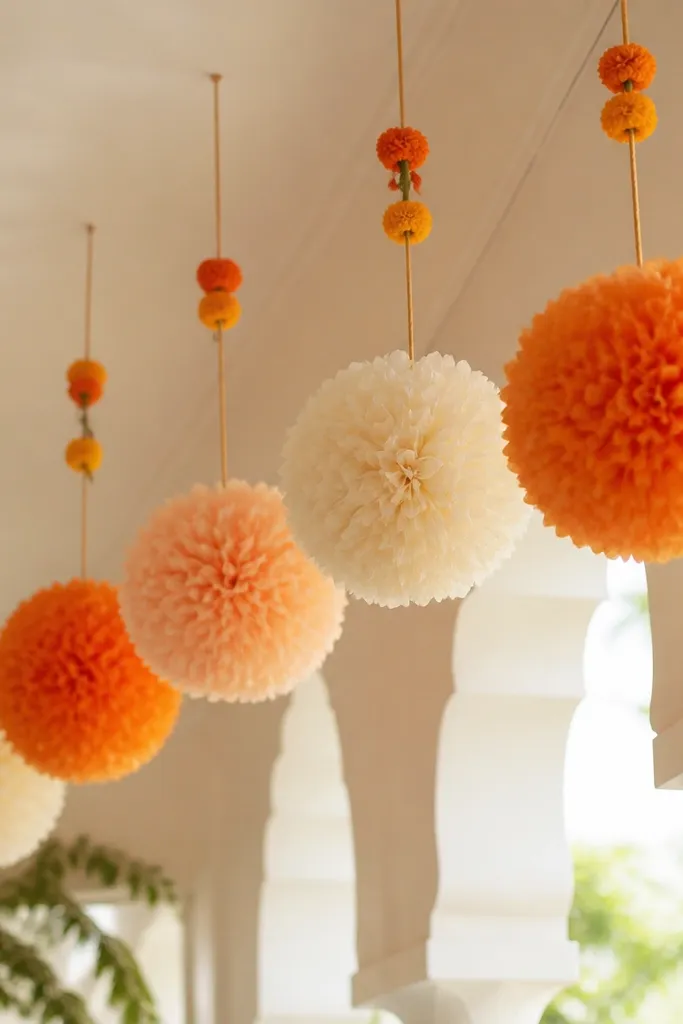Warm orange and cream tissue pom-poms hanging in a staggered line across the ceiling, with a few small marigold clusters attached to the strings.