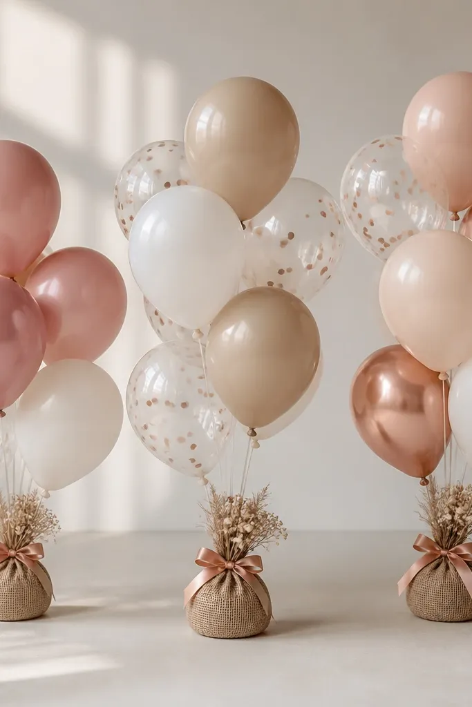 Balloon clusters tied to weighted bases wrapped in jute, with a small rose-gold ribbon and a tiny dried flower bunch attached.