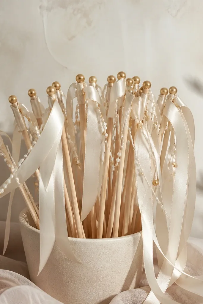 Thin wooden sticks with cream satin ribbon streamers and small pearl-like beads, arranged for a photo booth; the sticks have warm gold accents.