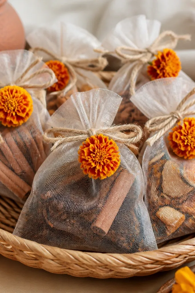 Small organza pouches filled with cinnamon sticks, dried cloves, and orange peel, tied with jute twine and a marigold tag; they sit in a basket with warm lighting.