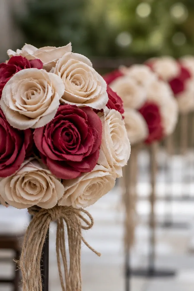 Small bouquets made from layered fabric roses in cream and deep rose, tied with jute and placed along the aisle on simple stands.