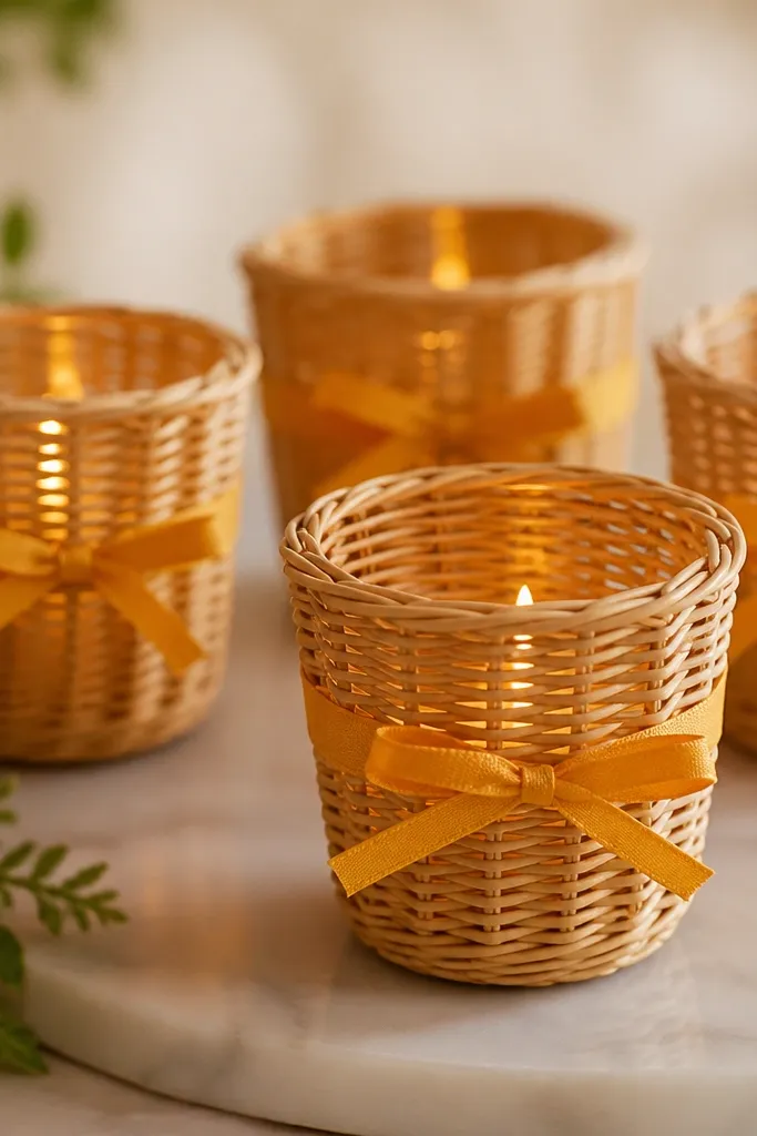 Small wicker cups holding tea lights, wrapped with a marigold-yellow ribbon band and a tiny bow; warm glow fills the wicker texture.
