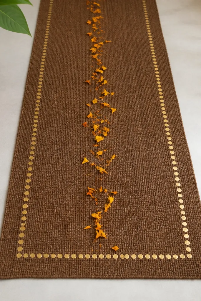 A chocolate-brown jute runner with a neat border made from gold dot patterns created using painter's tape; small marigold petals sit along the center.