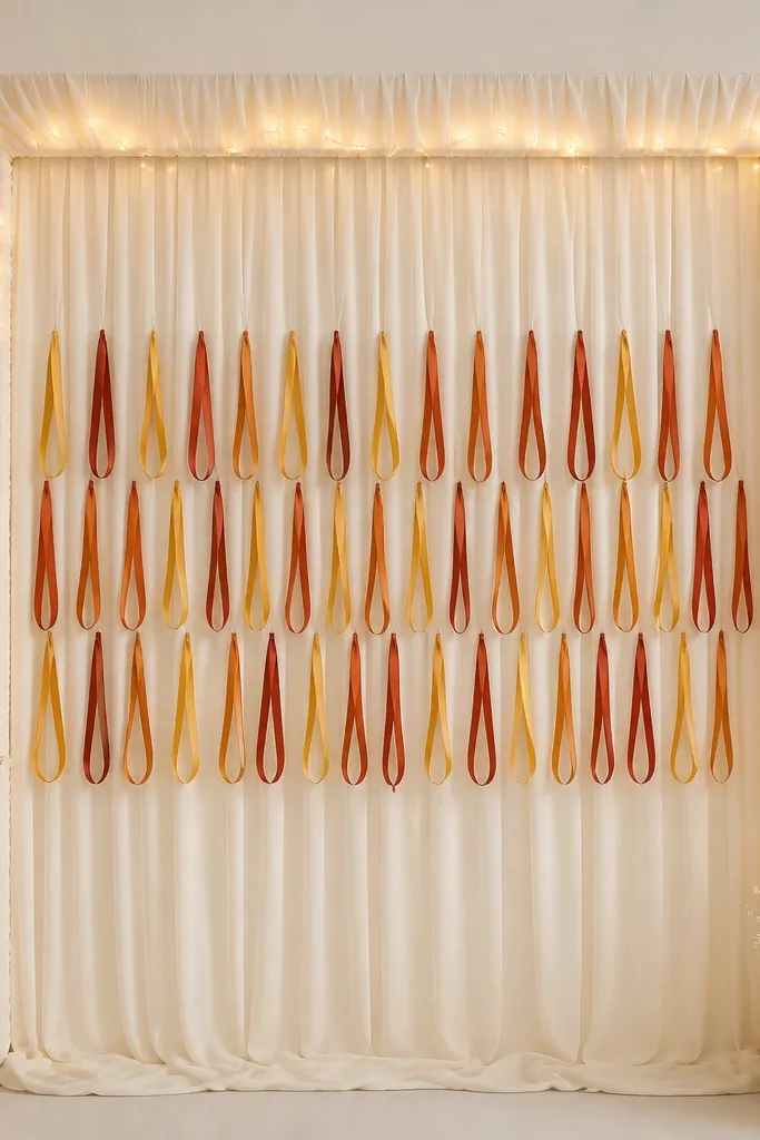 A rectangular frame covered with cream fabric panels and warm LED lights, with ribbon loops in saffron and rust attached across the center.
