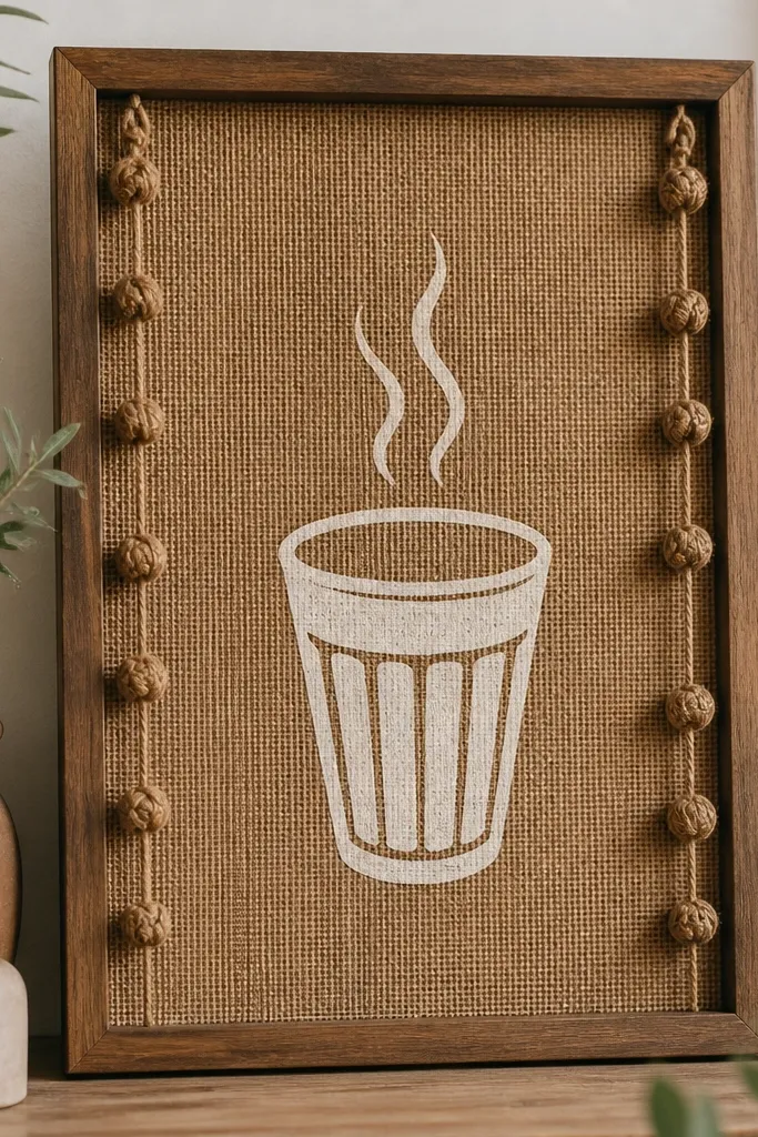 A welcome board with burlap backing, chalk-painted chai cup icon, and warm brown lettering; small jute knots hang along the sides.