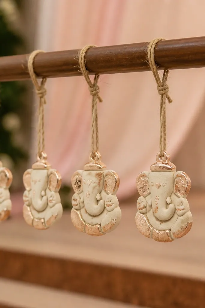 Small clay hanging tags shaped like simple Ganesha motifs, painted cream and dusted with rose gold foil; tied to jute strings across a stage rail.
