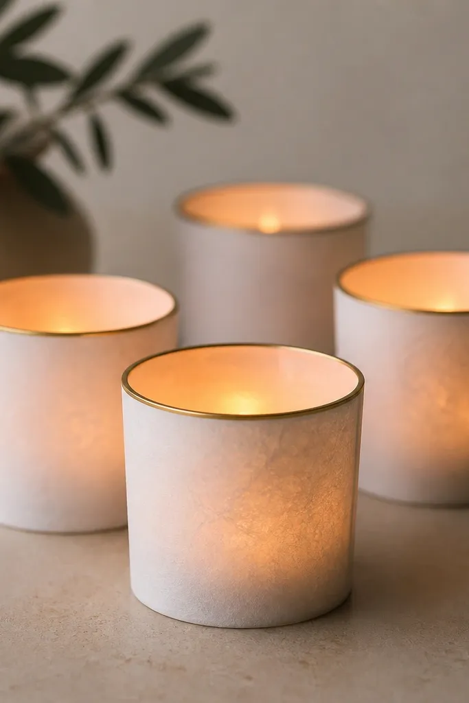 Paper sleeves wrapped around tea lights made from thick thermal paper, with thin gold paint around the top rim; warm glow shows through the paper texture.