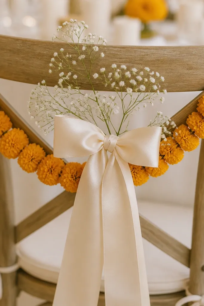 A chair back decorated with a warm marigold mini garland and a soft bow made from cream satin, plus small baby breath sprigs; it ties to the chair using jute.