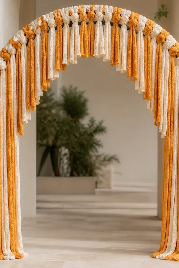 A long entrance garland made of knotted knit strips in saffron and cream, tied along a simple arch frame; the knots are evenly spaced and look fluffy.