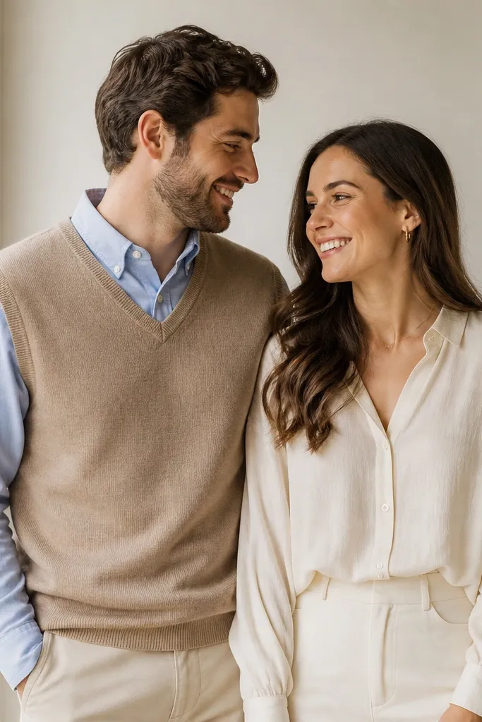 A digital save-the-date with a brushed cotton light blue button-down under a tan knit vest. The couple stands side by side, hands relaxed, with natural window light and visible fabric texture.