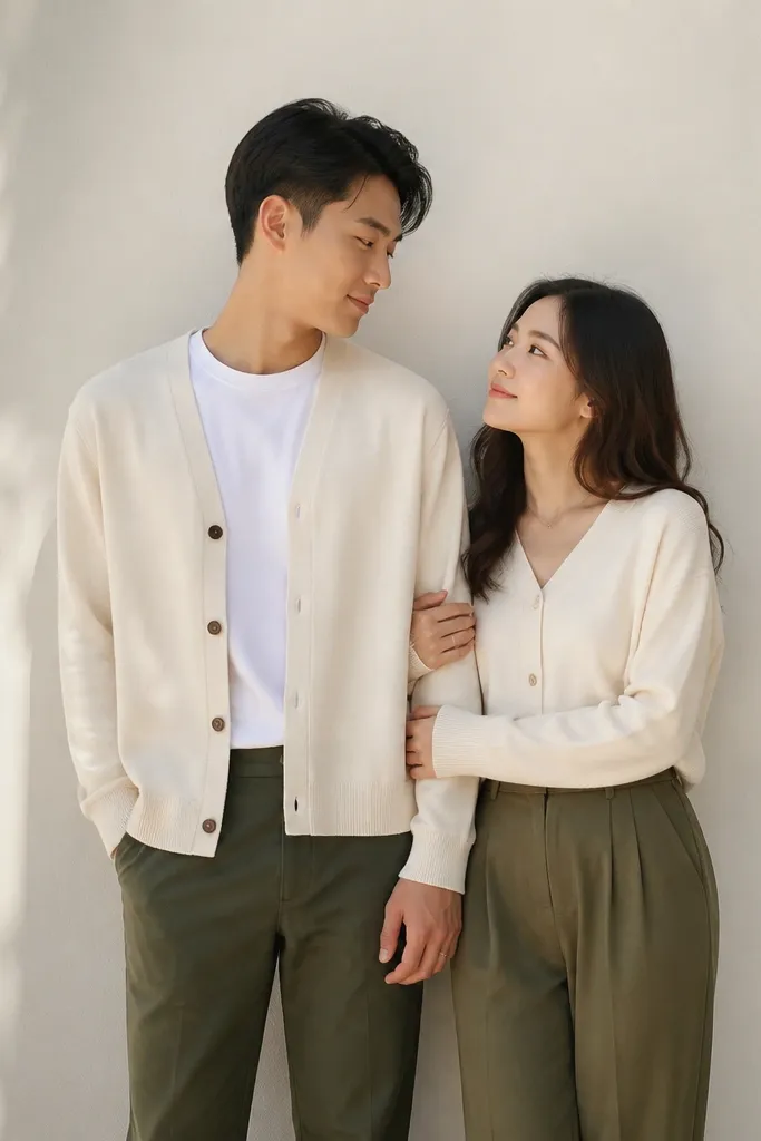 A minimal digital save-the-date image with cream cardigans and olive green pants. The couple stands in front of a light-colored wall, with gentle shadows and a clean, soft color story.