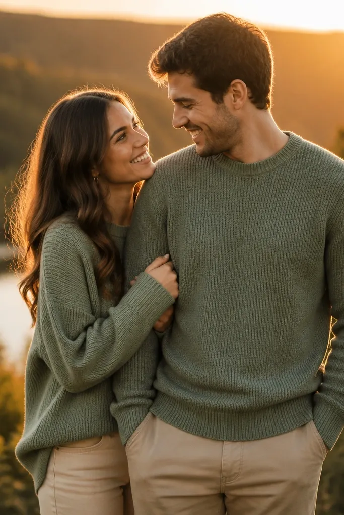 A golden hour digital save-the-date photo with sage green sweaters and tan chinos. The couple stands outdoors, and the sunlight makes the knit texture glow softly.