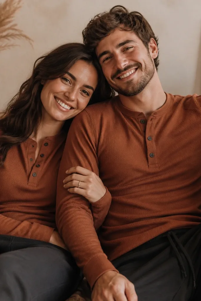 A digital save-the-date lounging-style photo: terracotta henleys with dark joggers, the couple sitting close together on a couch or bench with warm indoor lighting.