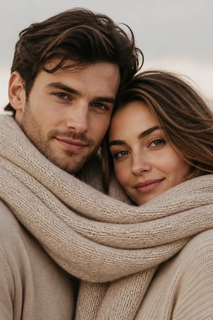 A digital save-the-date image featuring a textured wool scarf in oatmeal across both partners, with matching base layers in warm neutrals. The scarf texture is sharp, and the couple is framed from the chest up.