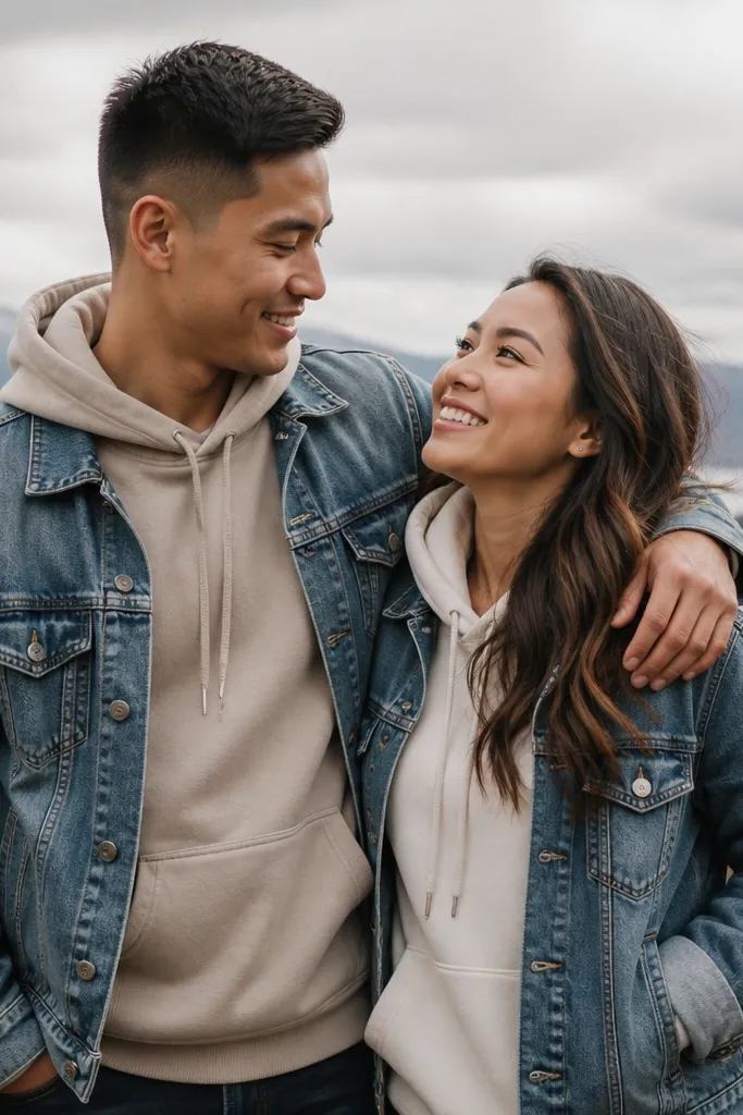 A digital save-the-date with both partners wearing denim jackets over coordinated hoodies. The scene is outdoors with overcast light, and the denim collar frames the hoodies.