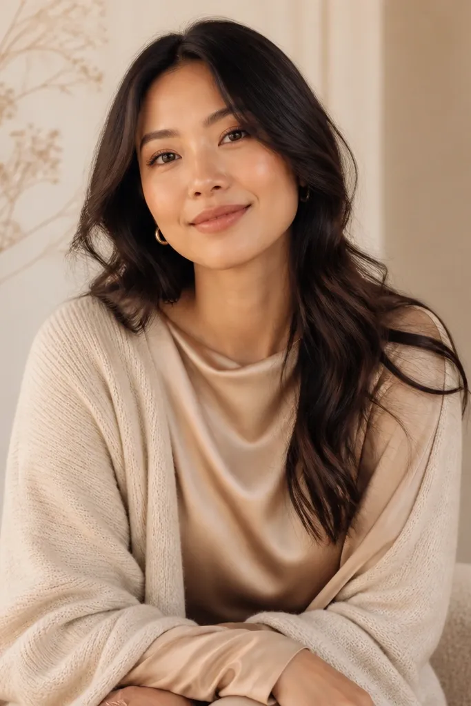 A digital save-the-date portrait showing one partner in a soft satin long-sleeve top in champagne, layered under a cream knit cardigan. The lighting is warm and the fabric sheen is subtle.
