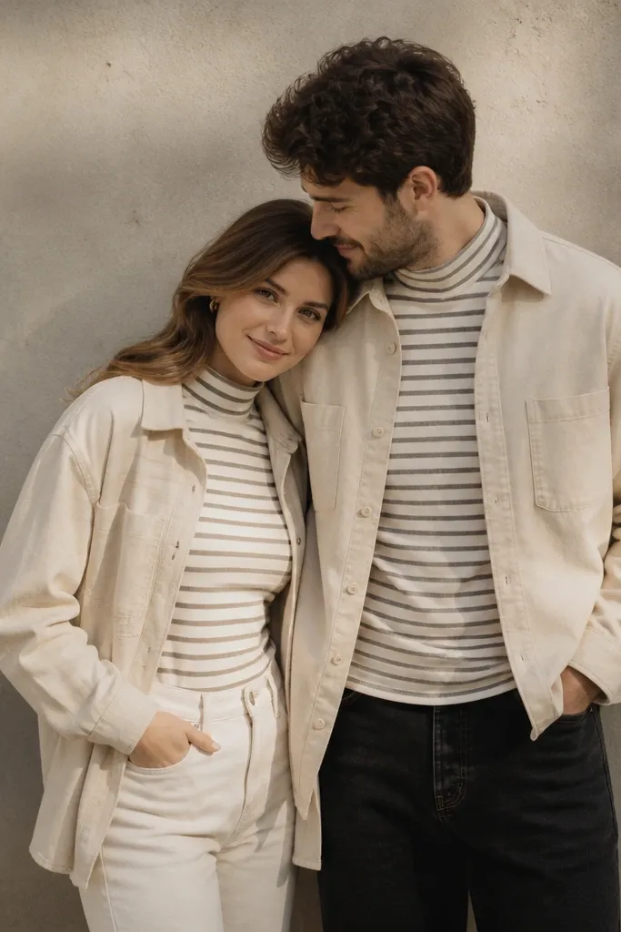 A digital save-the-date with a striped mock neck top in cream and warm gray, layered under an oat overshirt. The couple stands against a textured wall, and the stripes show clearly.
